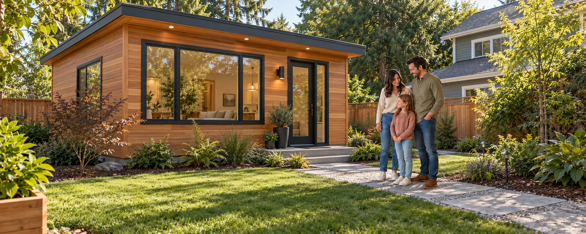 Illustrative family beside a detached backyard accessory dwelling unit
