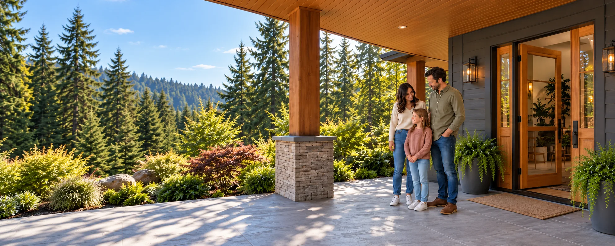 Illustrative family outside their Pacific Northwest home with evergreen trees nearby
