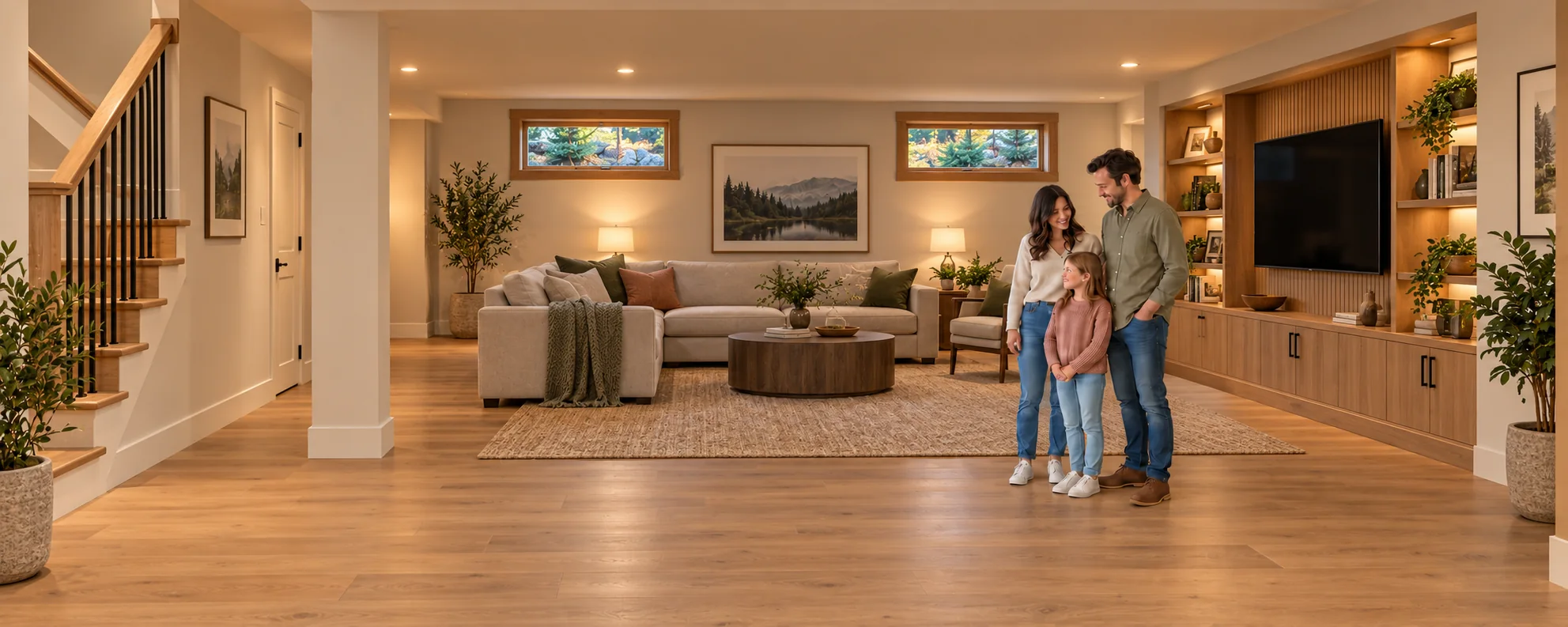 Illustrative family standing in a finished basement with stairs, high windows and seating