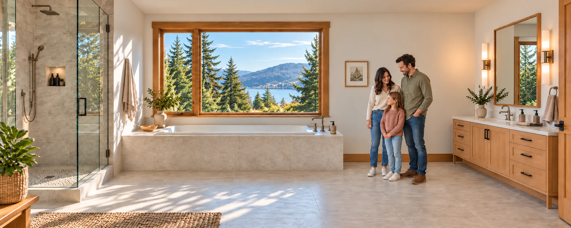 Family standing beside a built-in bathtub and oak vanity in a bright bathroom