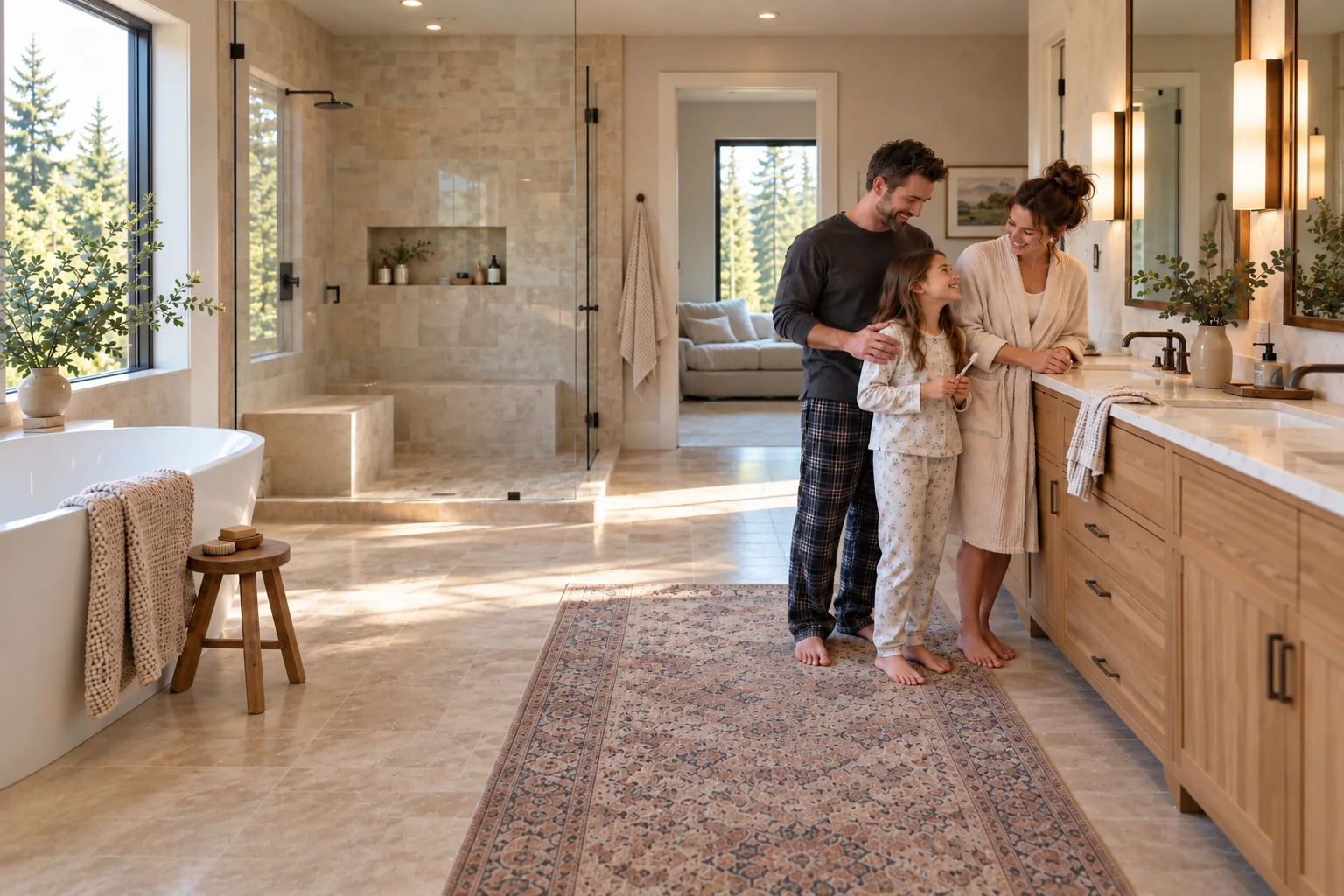 Family together during a morning routine in a remodeled bathroom