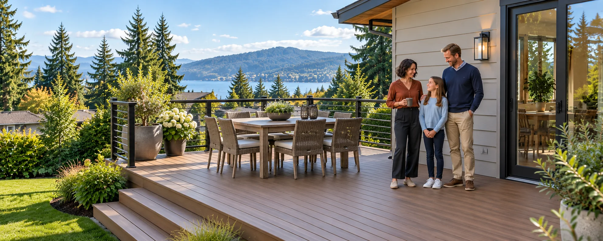 Illustrative family standing on an attached deck with outdoor dining space