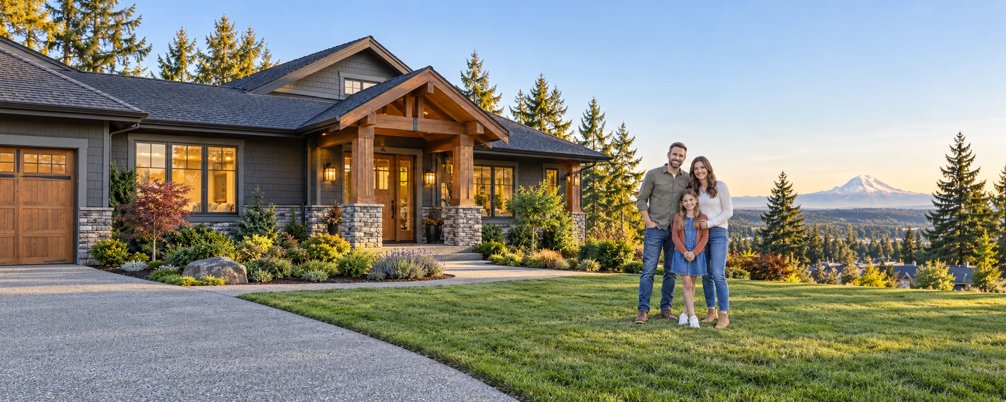 Illustrative family outside a Craftsman-style home with Northwest landscaping