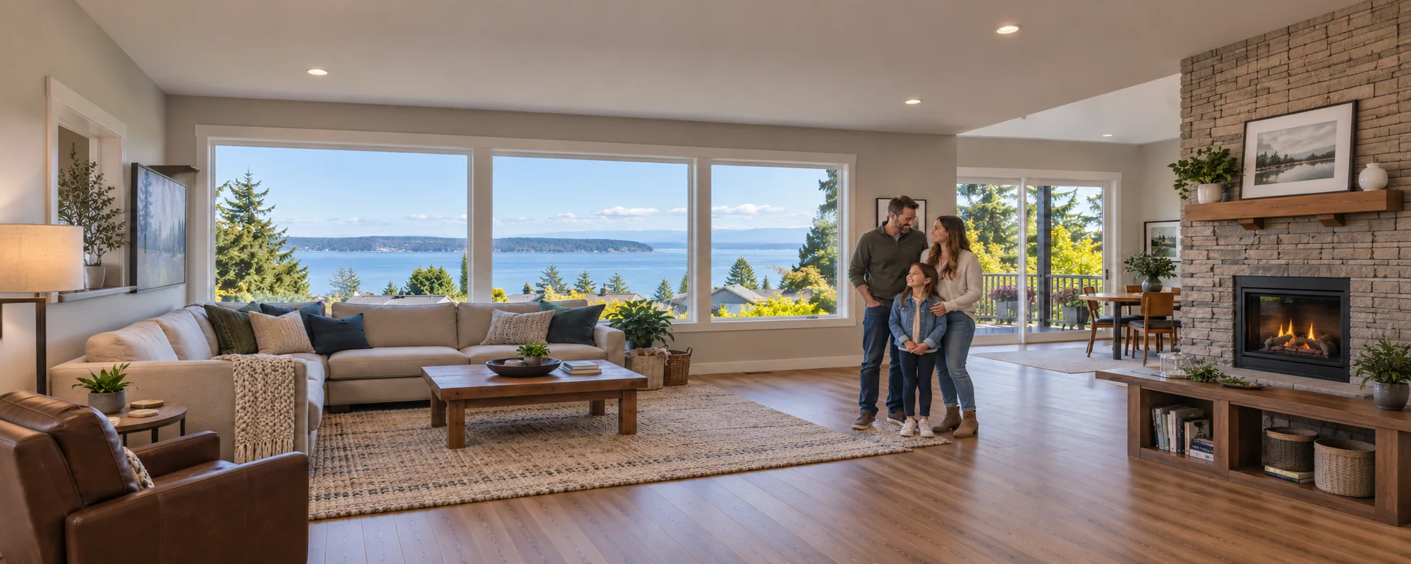 Illustrative family in a warm living room with a coastal Northwest view