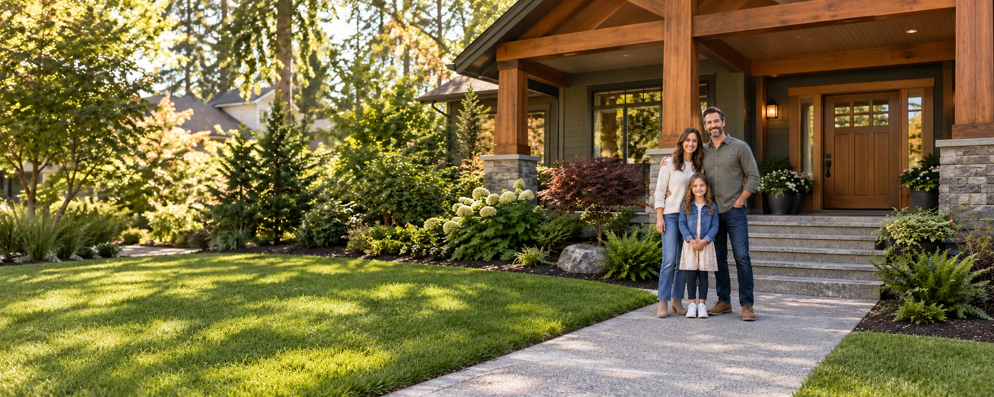 Illustrative family outside a timber-fronted home with a landscaped entry