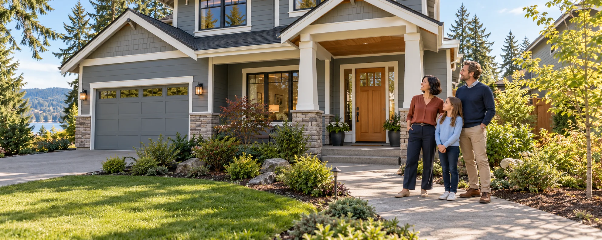 Illustrative family outside a home with updated siding, trim and entry