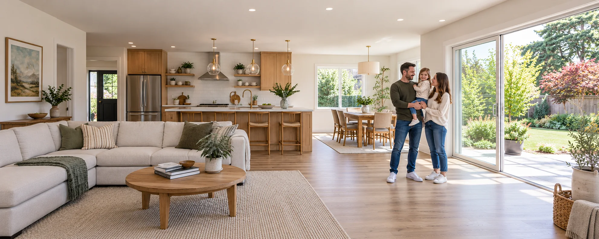 Illustrative family in a light-filled kitchen and family room