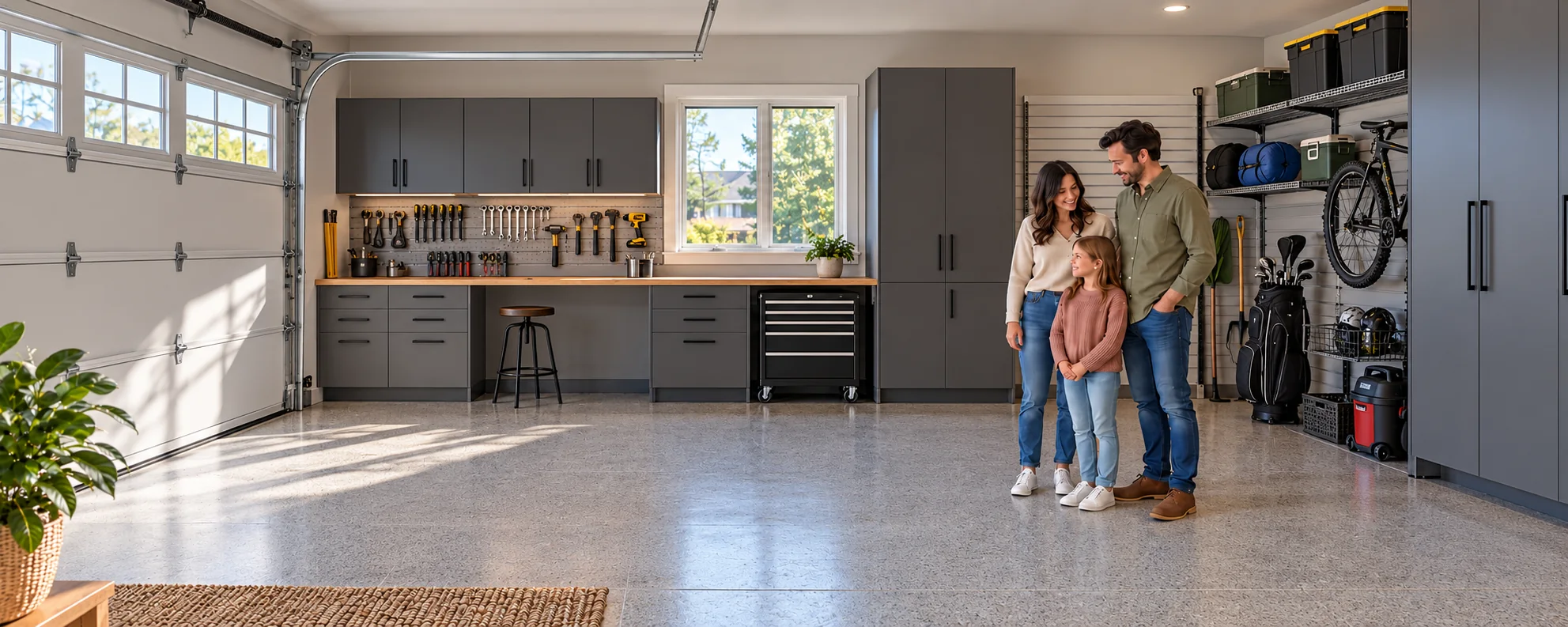 Garage with storage and work space beside a family home