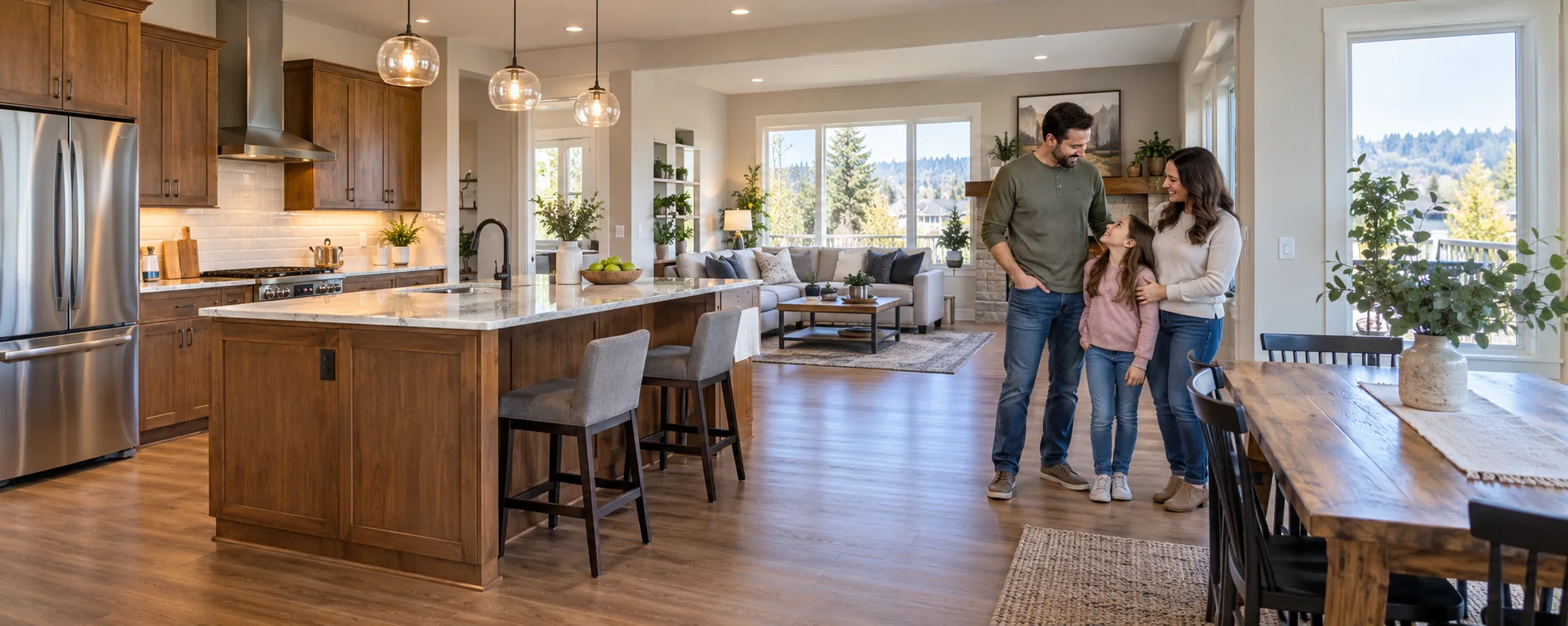 Illustrative family in a bright kitchen and connected family room