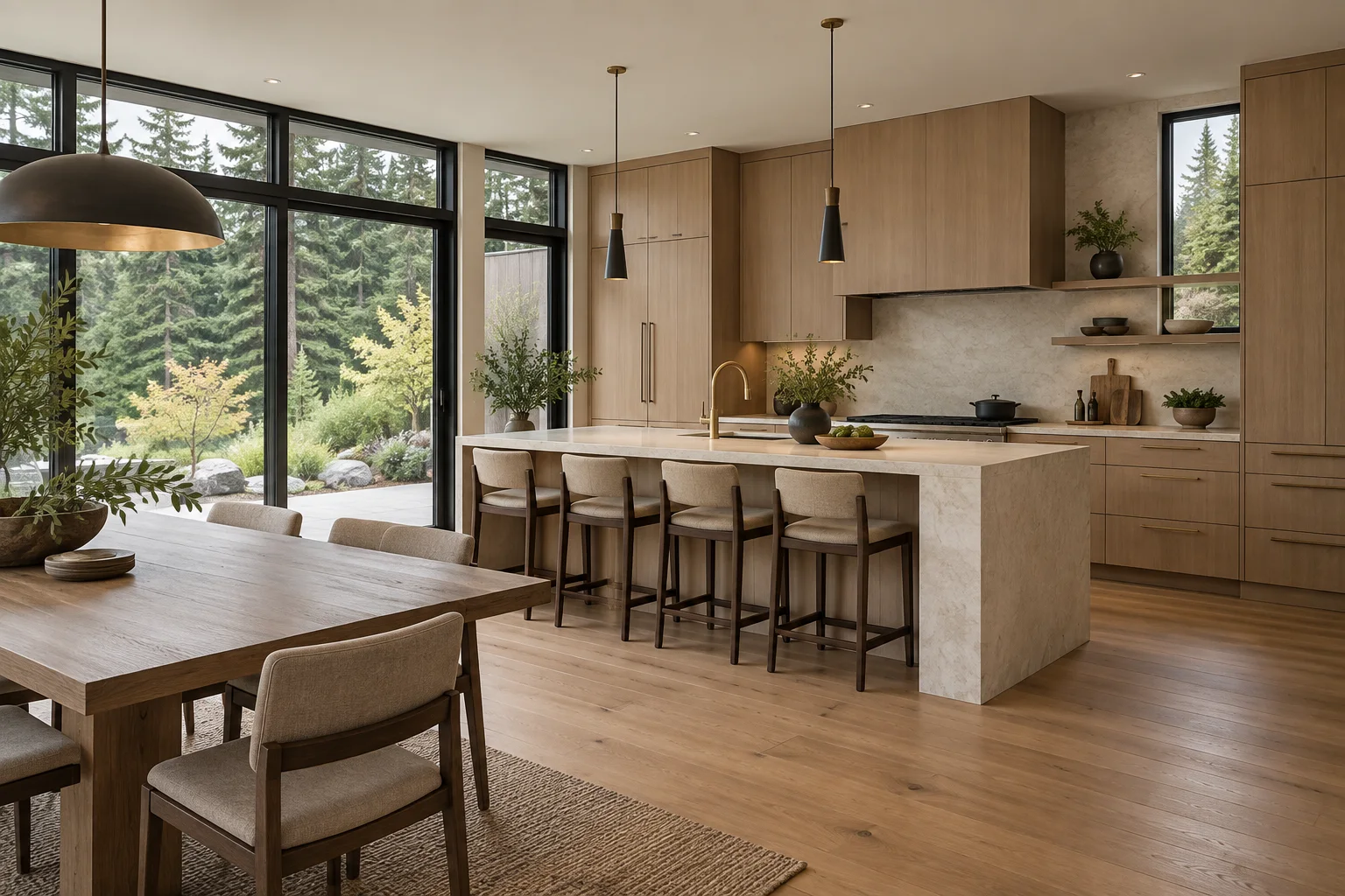 Light oak kitchen cabinetry, stone counters and a spacious island