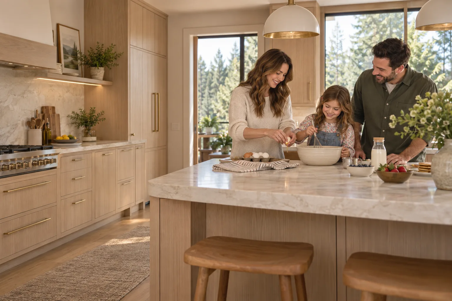 Parents and child sharing a happy moment around a kitchen island
