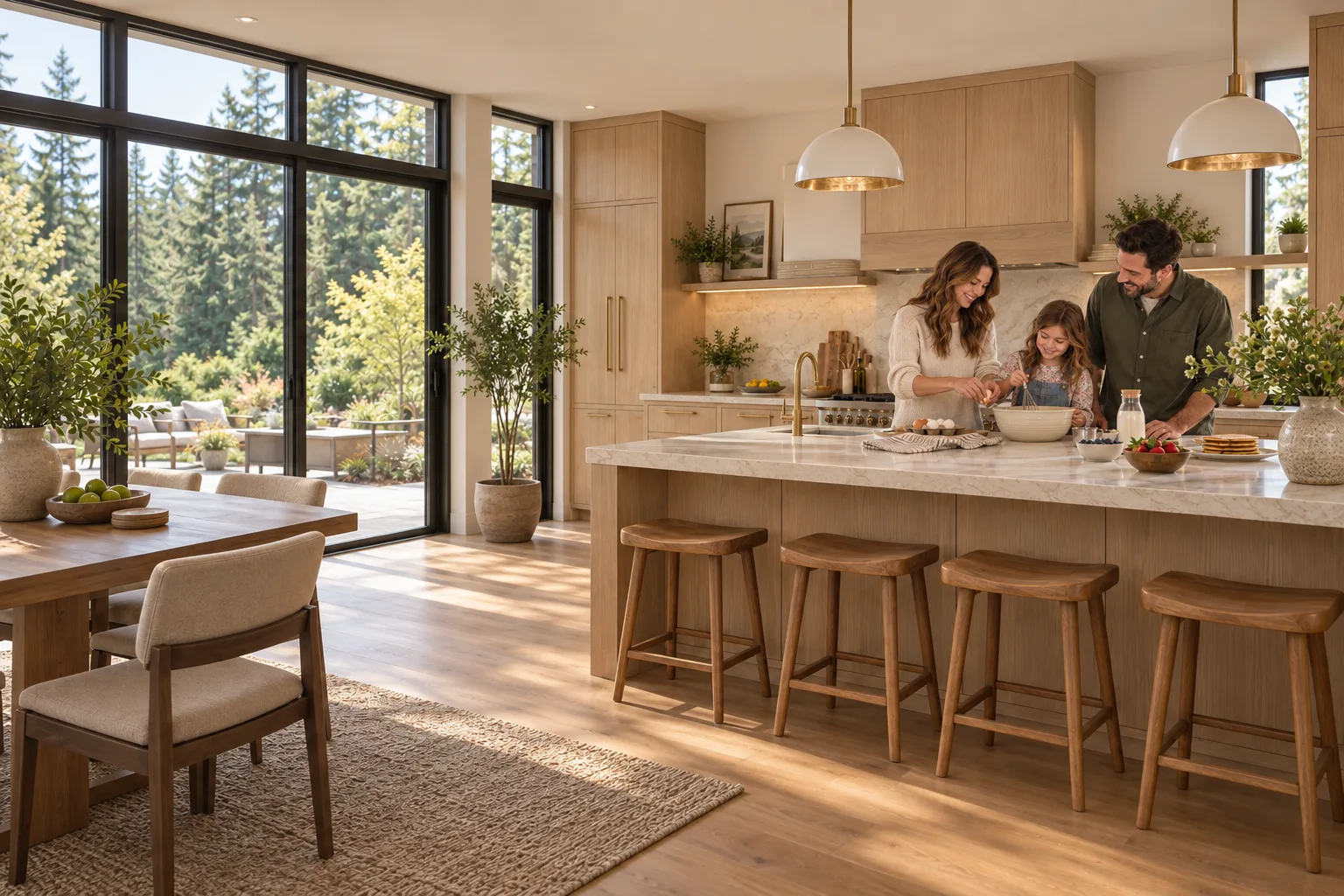 Parents and their daughter preparing breakfast together in a spacious oak kitchen