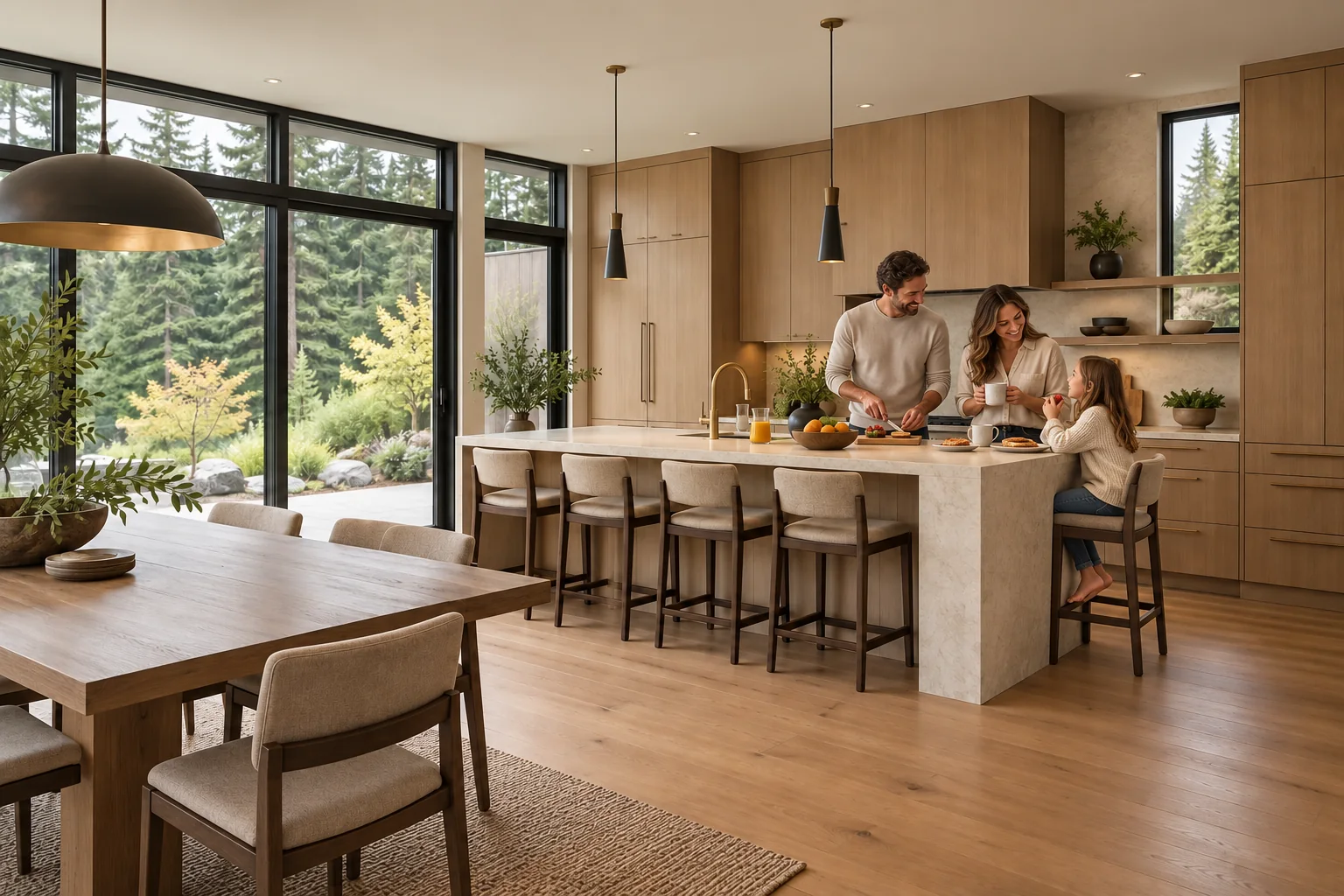 Family enjoying breakfast together in an oak kitchen with a stone island