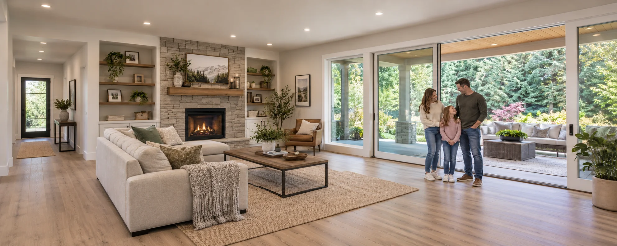 Illustrative family in a comfortable living space framed by tall evergreens