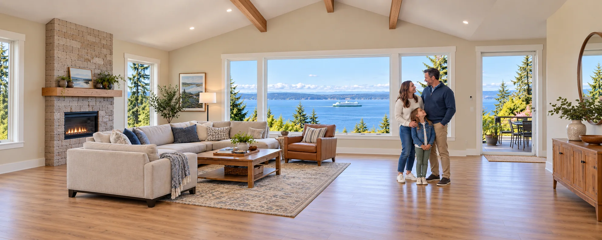 Illustrative family in a bright Northwest living room with water and evergreen views