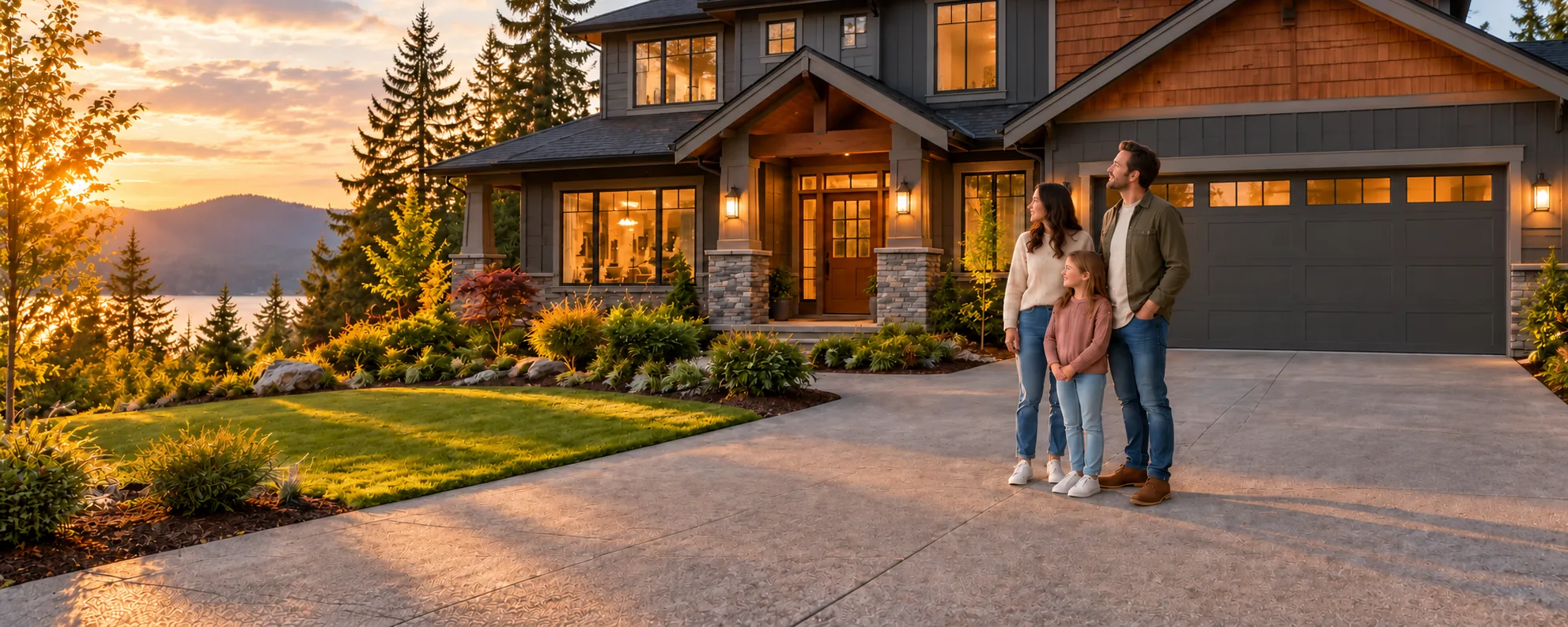 Illustrative family admiring a newly built Pacific Northwest home