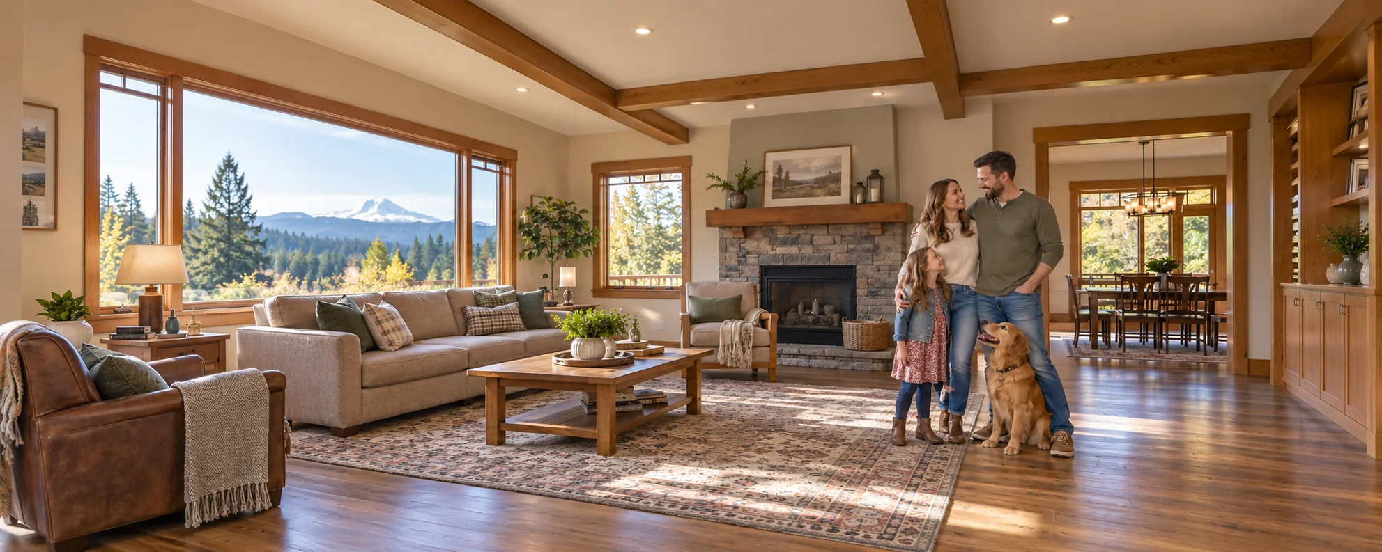 Illustrative family in a warm home interior with a distant foothill view