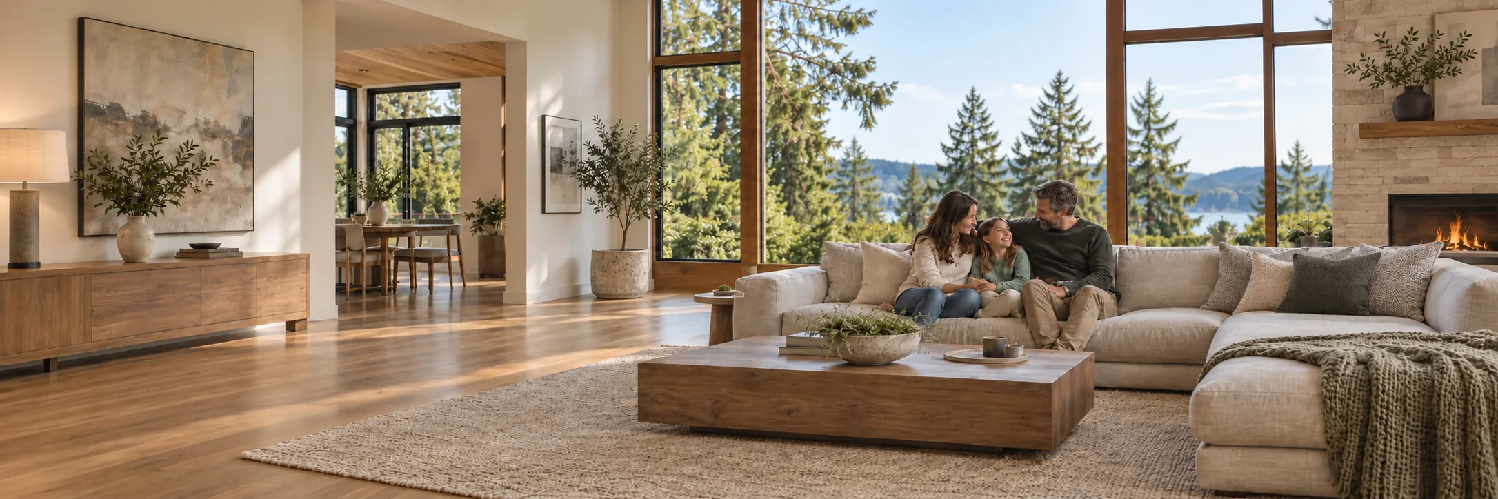 Illustrative family relaxing together in a Pacific Northwest living room with evergreen views