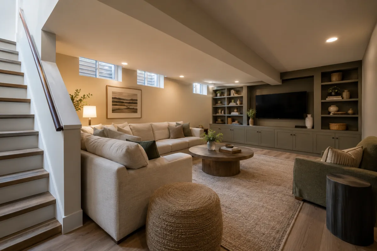 Illustrative finished basement lounge with a staircase, high windows and built-in storage