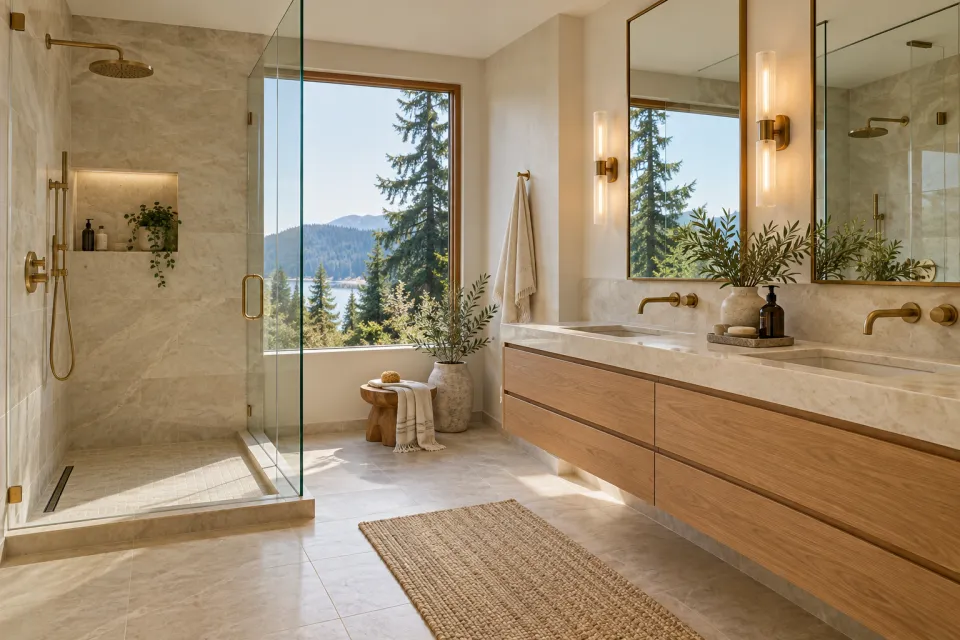 Bright bathroom with an oak vanity and glass shower