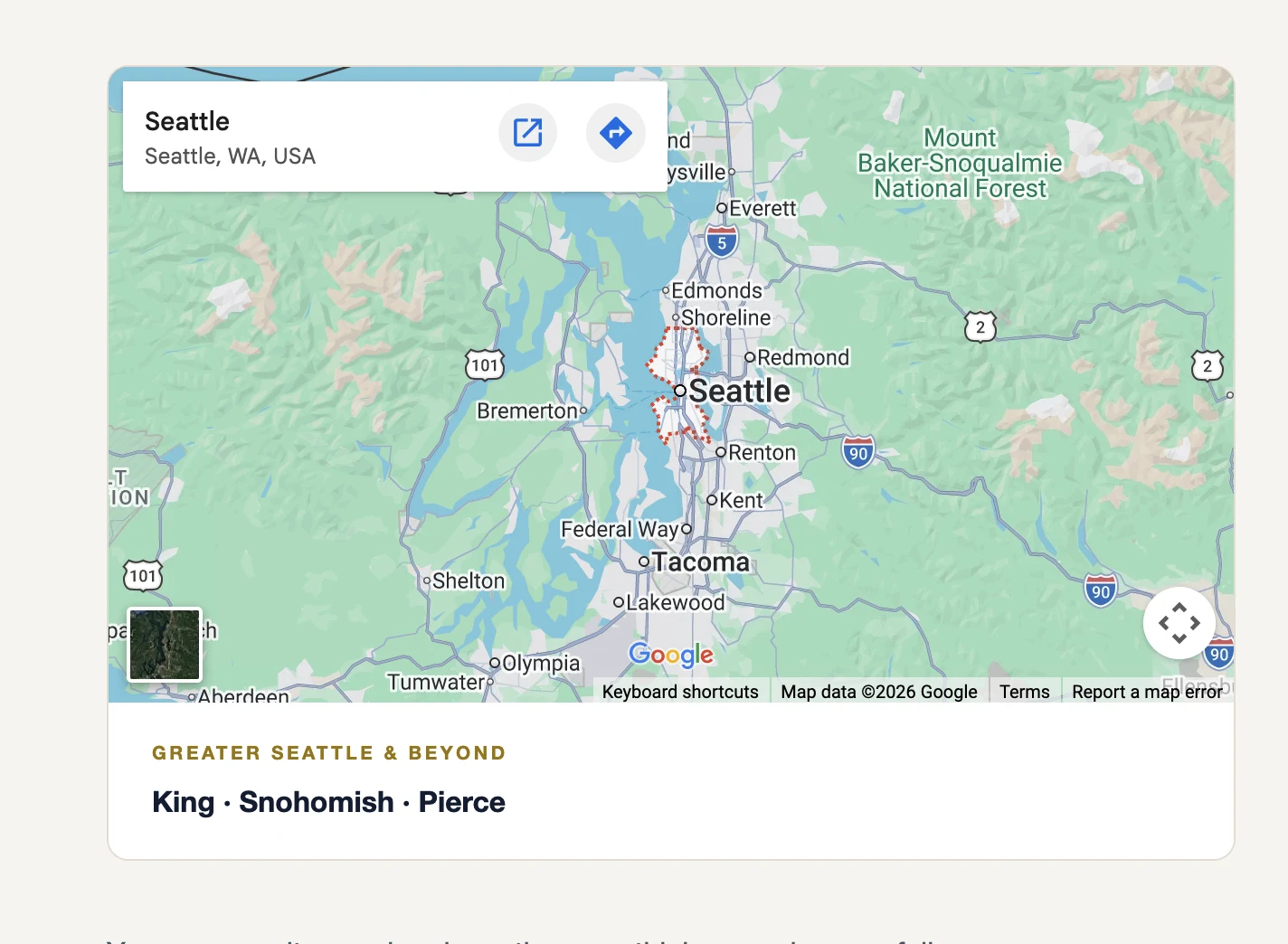Map of Greater Seattle showing Seattle, Everett, Kent, Tacoma and nearby communities