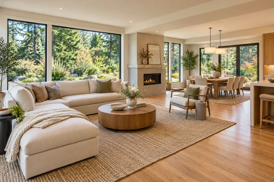 Light-filled living and dining spaces with oak floors