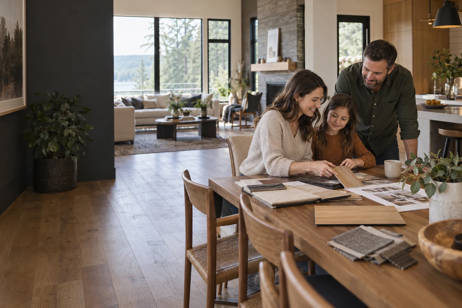 Family comparing home finish samples together