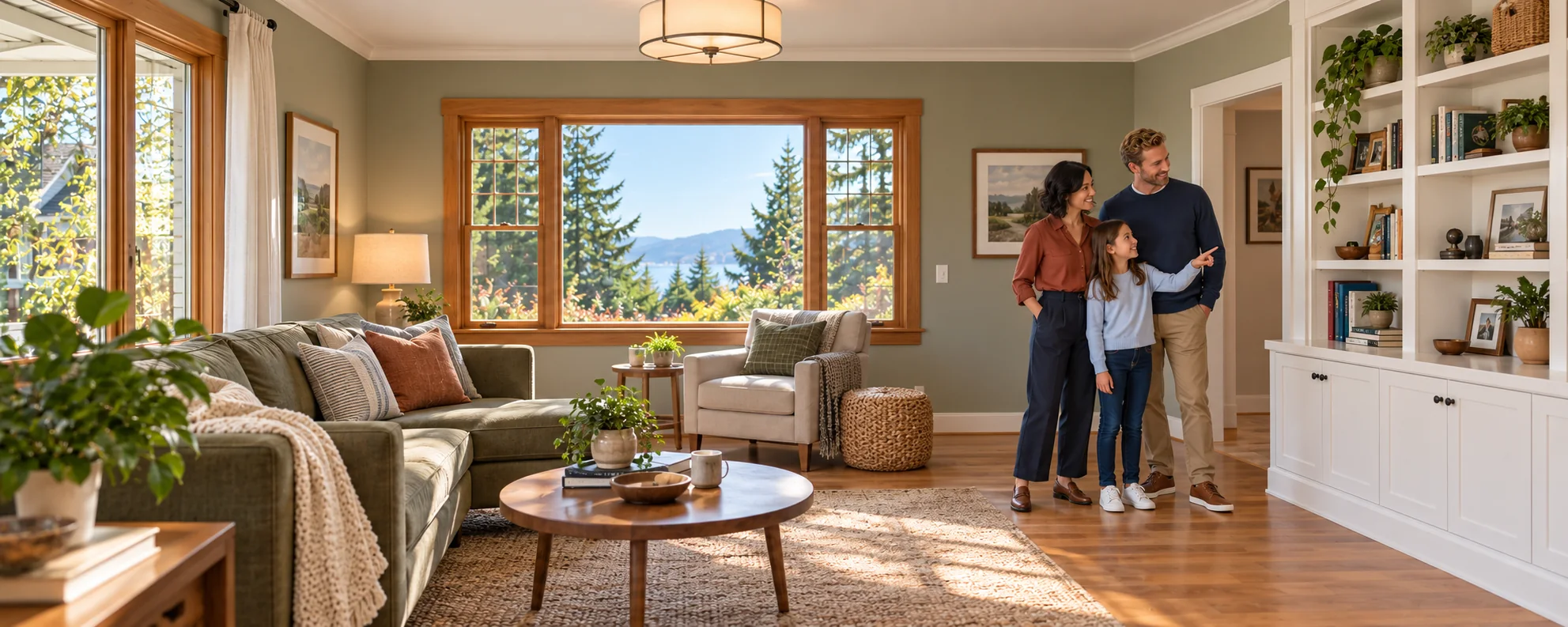 Illustrative family in a refreshed living room with built-in storage
