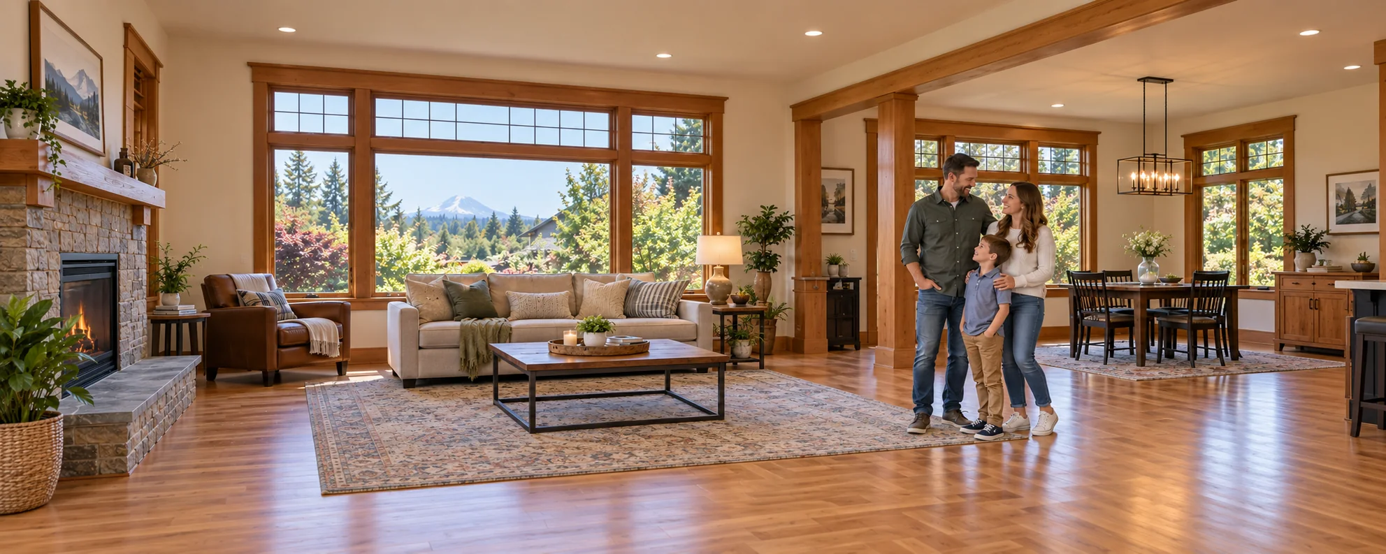 Illustrative family in a welcoming family room with a fireplace